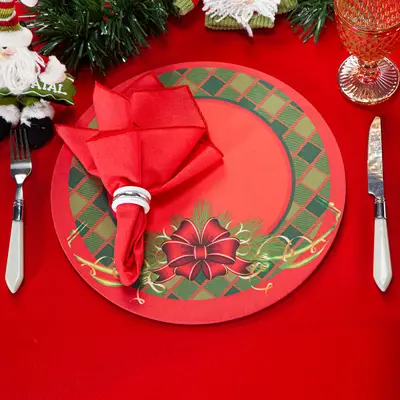 Kit Capa de Sousplat Estampado Natalina c/ Guardanapos Mesa Posta Jogo Americano 08 Lugares - Decoração Natal