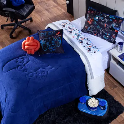 Kit Coberdrom Game Win Azul Marinho c/ Almofadas Solteiro 04 Peças - Dupla Face Sherpa e Mantinha