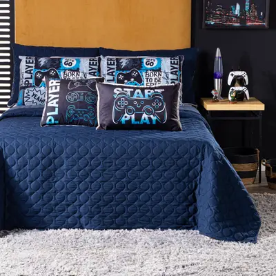 Kit Cobre Leito Colcha CASAL Best Player Azul Marinho com Almofadas Estampadas 07 Peças - Dupla Face Percal 300 Fios