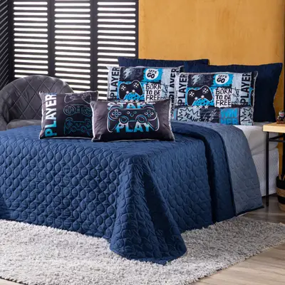 Kit Cobre Leito Colcha CASAL Best Player Azul Marinho com Almofadas Estampadas 07 Peças - Dupla Face Percal 300 Fios