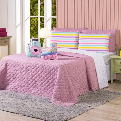 Kit Cobre Leito Colcha CASAL Menina Teen Rosa com Almofadas Estampadas 07 Peças - Dupla Face Percal 300 Fios Matelado