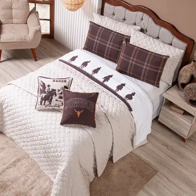Kit Cobre Leito Colcha CASAL PADRÃO Country com Almofadas Estampadas 07 Peças - Dupla Face Percal 300 Fios Matelado