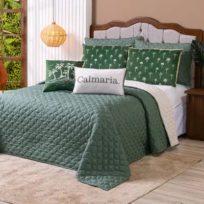 Kit Cobre Leito Colcha CASAL PADRÃO Verano com Almofadas Estampadas 07 Peças - Dupla Face Percal 300 Fios Matelado