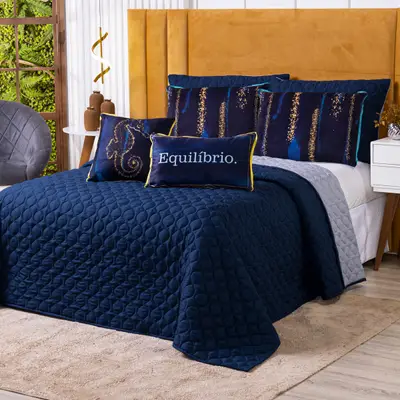 Kit Cobre Leito Colcha CASAL PADRÃO Verano com Almofadas Estampadas 07 Peças - Dupla Face Percal 300 Fios Matelado