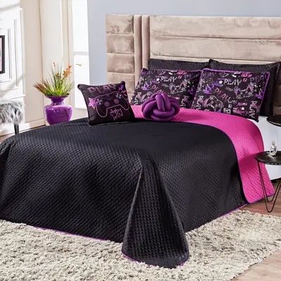 Kit Cobre Leito Colcha Game Win Preto/Pink Dupla Face com Almofadas Estampadas QUEEN 07 Peças