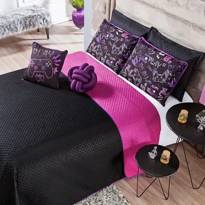Kit Cobre Leito Colcha Game Win Preto/Pink Dupla Face com Almofadas Estampadas QUEEN 07 Peças