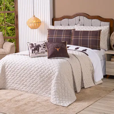 Kit Cobre Leito Colcha KING Country com Almofadas Estampadas 07 Peças - Dupla Face Percal 300 Fios Matelado