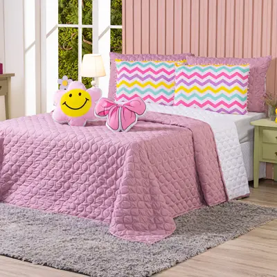 Kit Cobre Leito Colcha KING Menina Teen Rosa com Almofadas Estampadas 07 Peças - Dupla Face Percal 300 Fios Matelado
