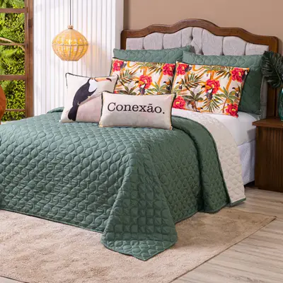 Kit Cobre Leito Colcha KING Verano com Almofadas Estampadas 07 Peças - Dupla Face Percal 300 Fios Matelado
