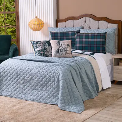 Kit Cobre Leito Colcha QUEEN Country com Almofadas Estampadas 07 Peças - Dupla Face Percal 300 Fios Matelado