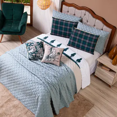 Kit Cobre Leito Colcha QUEEN Country com Almofadas Estampadas 07 Peças - Dupla Face Percal 300 Fios Matelado