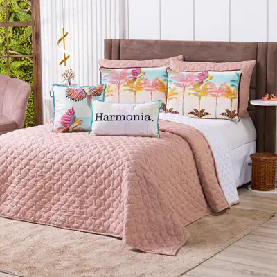 Kit Cobre Leito Colcha QUEEN Verano com Almofadas Estampadas 07 Peças - Dupla Face Percal 300 Fios Matelado