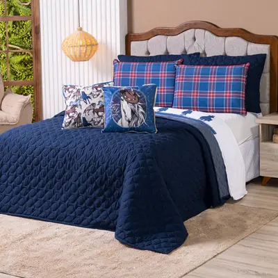 Kit Cobre Leito Colcha SOLTEIRO Country com Almofadas Estampadas 05 Peças - Dupla Face Percal 300 Fios Matelado