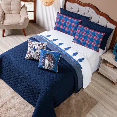 Kit Cobre Leito Colcha SOLTEIRO Country com Almofadas Estampadas 05 Peças - Dupla Face Percal 300 Fios Matelado