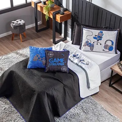 Kit Cobre Leito Game Streamer Azul Dupla Face c/ Almofadas SOLTEIRO 05 Peças