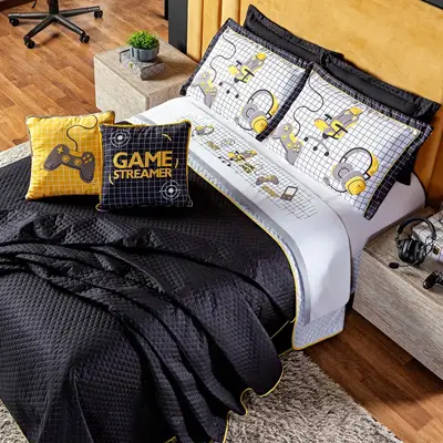 Kit Cobre Leito Game Streamer Dupla Face c/ Almofadas Casal Padrão 07 Peças