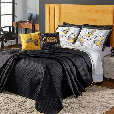 Kit Cobre Leito Game Streamer Dupla Face c/ Almofadas Casal Padrão 07 Peças