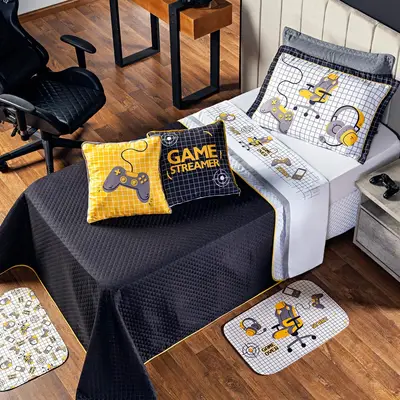 Kit Cobre Leito Game Streamer Dupla Face c/ Almofadas Solteiro 05 Peças