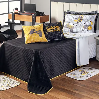Kit Cobre Leito Game Streamer Dupla Face c/ Almofadas Solteiro 05 Peças