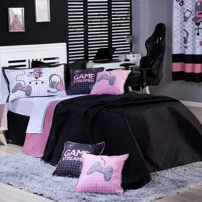 Kit Cobre Leito Game Streamer Dupla Face c/ Almofadas Solteiro 05 Peças