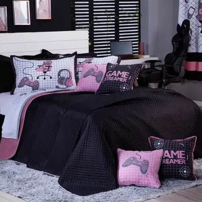 Kit Cobre Leito Game Streamer Rosê Dupla Face c/ Almofadas Casal Padrão 07 Peças