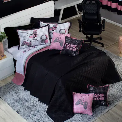 Kit Cobre Leito Game Streamer Rosê Dupla Face c/ Almofadas Casal Padrão 07 Peças