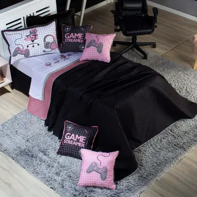 Kit Cobre Leito Game Streamer Rosê Dupla Face c/ Almofadas Solteiro 05 Peças
