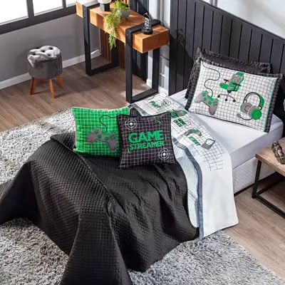 Kit Cobre Leito Game Streamer Verde Dupla Face c/ Almofadas SOLTEIRO 05 Peças
