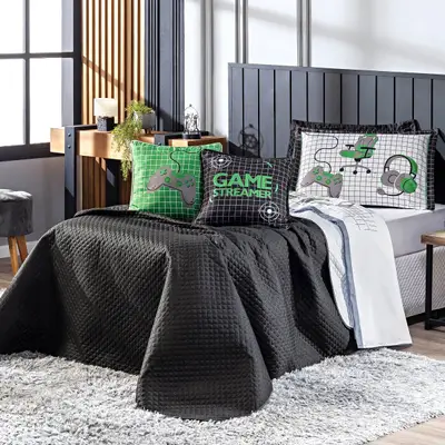 Kit Cobre Leito Game Streamer Verde Dupla Face c/ Almofadas SOLTEIRO 05 Peças