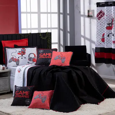 Kit Cobre Leito Game Streamer Vermelho Dupla Face c/ Almofadas Casal Padrão 07 Peças