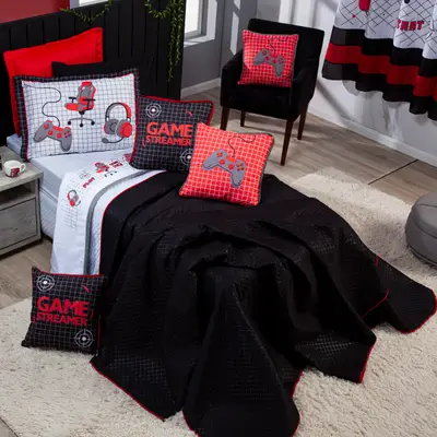 Kit Cobre Leito Game Streamer Vermelho Dupla Face c/ Almofadas Solteiro 05 Peças