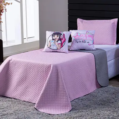 Kit Cobre Leito Girl Gamer Rosa/Cinza Dupla Face c/ Almofadas Casal Padrão 05 Peças