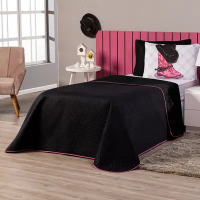 Kit Cobre Leito Infantil SOLTEIRO 02 Peças Castela Boiadeira Preto com Fronha Estampada - Decoração Country Menina