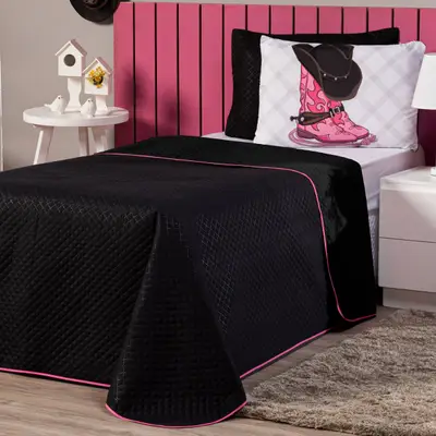 Kit Cobre Leito Infantil SOLTEIRO 02 Peças Castela Boiadeira Preto com Fronha Estampada - Decoração Country Menina