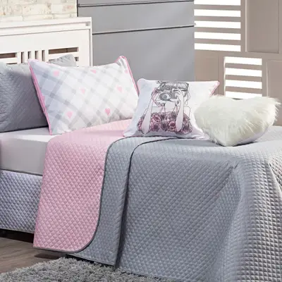 Kit Cobre Leito Influencer Cinza/Rosa Dupla Face com Almofadas SOLTEIRO 05 Peças