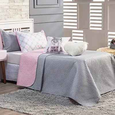 Kit Cobre Leito Influencer Cinza/Rosa Dupla Face com Almofadas SOLTEIRO 05 Peças