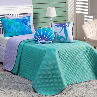 Kit Cobre Leito Mermaid Tiffany/Lilás Dupla Face com Almofadas SOLTEIRO 05 Peças