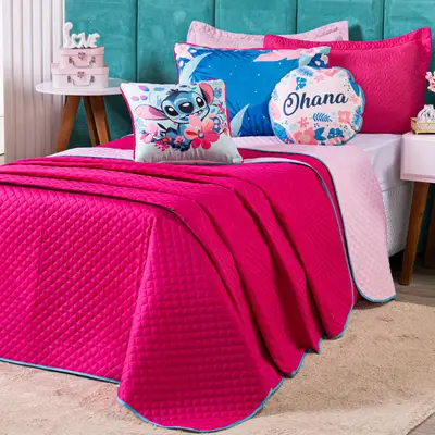 Kit Cobre Leito Stich Pink/Rosa Dupla Face com Almofadas SOLTEIRO 05 Peças - Decoração Infantil Juvenil Personagem