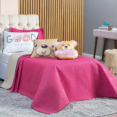 Kit Cobre Leito Urso Donuts Pink/Caqui Dupla Face com Almofadas SOLTEIRO 05 Peças