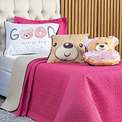 Kit Cobre Leito Urso Donuts Pink/Caqui Dupla Face com Almofadas SOLTEIRO 05 Peças