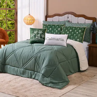 Kit Edredom CASAL PADRÃO Verano com Almofadas Estampadas 07 Peças - Dupla Face Percal 300 Fios