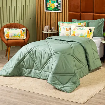Kit Edredom Infantil Safari Verde com Almofada CASAL PADRÃO 06 Peças - Dupla Face Percal 300 Fios 100% Algodão Original