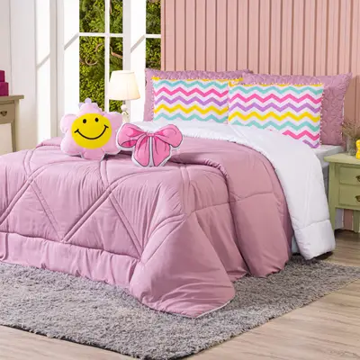 Kit Edredom KING Menina Teen Rosa com Almofadas Estampadas 07 Peças - Dupla Face Percal 300 Fios