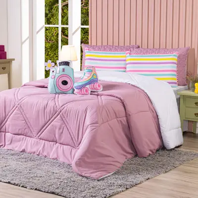 Kit Edredom QUEEN Menina Teen Rosa com Almofadas Estampadas 07 Peças - Dupla Face Percal 300 Fios
