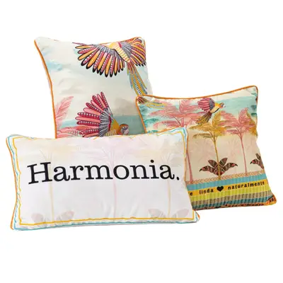 Kit Trio de Almofadas Verano Estampadas Cheias em Veludo Suede com Enchimento em Refil Silicone - Decoração Luxo Verão