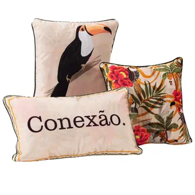 Kit Trio de Almofadas Verano Estampadas Cheias em Veludo Suede com Enchimento em Refil Silicone - Decoração Luxo Verão