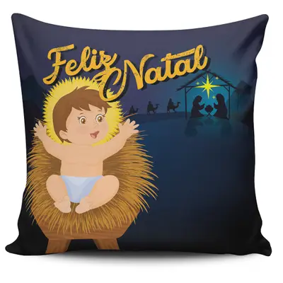 Kit c/ 4 Almofadas Cheias Estampadas Natalinas Feliz Natal Família Sagrada 45cm x 45cm com Refil - Decoração Fim de Ano