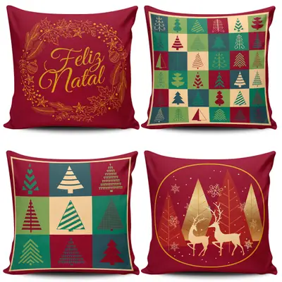 Kit c/ 4 Almofadas Cheias Estampadas Natalinas Feliz Natal Fim de Ano 45cm x 45cm com Refil