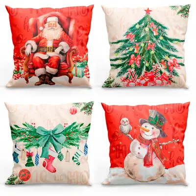 Kit com 4 Almofadas Cheias Estampadas Natalinas 45cm x 45cm com Refil - Decorativas Festas Ceia Fim de Ano