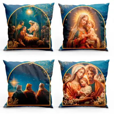 Kit com 4 Almofadas Cheias Estampadas Natalinas 45cm x 45cm com Refil - Decorativas Festas Ceia Fim de Ano